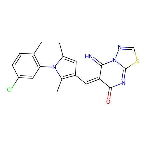 (E)-6-((1-(5-chloro-2-methylphenyl)-2,5-dimethyl-1H-pyrrol-3-yl)methylene)-5-imino-5H-[1,3,4]thiadiazolo[3,2-a]pyrimidin-7(6H)-one structure