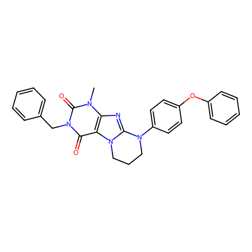 3-benzyl-1-methyl-9-(4-phenoxyphenyl)-6,7,8,9-tetrahydropyrimido[2,1-f]purine-2,4(1H,3H)-dione structure