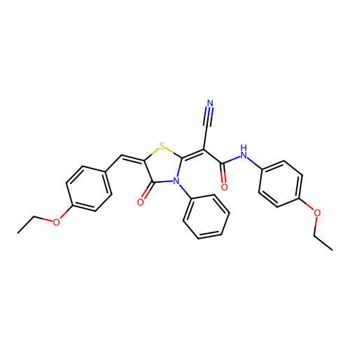 (2E)-2-cyano-2-[(5E)-5-(4-ethoxybenzylidene)-4-oxo-3-phenyl-1,3-thiazolidin-2-ylidene]-N-(4-ethoxyphenyl)ethanamide structure
