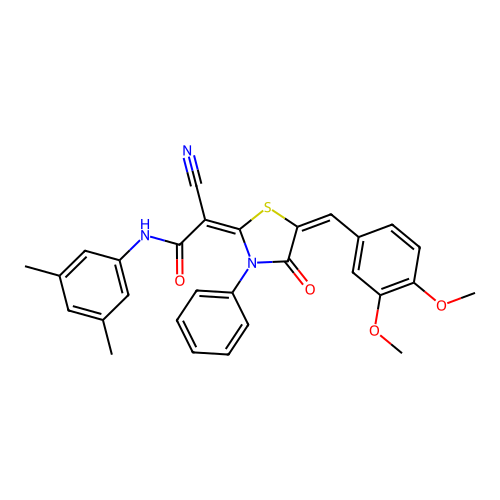 (2E)-2-cyano-2-[(5E)-5-(3,4-dimethoxybenzylidene)-4-oxo-3-phenyl-1,3-thiazolidin-2-ylidene]-N-(3,5-dimethylphenyl)ethanamide structure