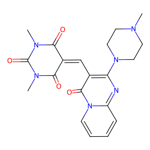1,3-dimethyl-5-((2-(4-methylpiperazin-1-yl)-4-oxo-4H-pyrido[1,2-a]pyrimidin-3-yl)methylene)pyrimidine-2,4,6(1H,3H,5H)-trione structure