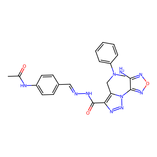(E)-N-(4-((2-(1-(4-amino-1,2,5-oxadiazol-3-yl)-5-((methyl(phenyl)amino)methyl)-1H-1,2,3-triazole-4-carbonyl)hydrazono)methyl)phenyl)acetamide structure