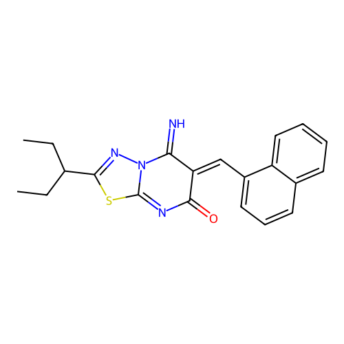 (Z)-5-imino-6-(naphthalen-1-ylmethylene)-2-(pentan-3-yl)-5H-[1,3,4]thiadiazolo[3,2-a]pyrimidin-7(6H)-one structure