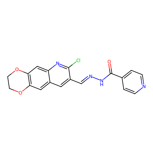 (E)-N'-((7-chloro-2,3-dihydro-[1,4]dioxino[2,3-g]quinolin-8-yl)methylene)isonicotinohydrazide structure