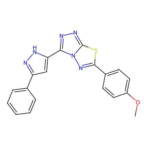 6-(4-methoxyphenyl)-3-(3-phenyl-1H-pyrazol-5-yl)-[1,2,4]triazolo[3,4-b][1,3,4]thiadiazole structure