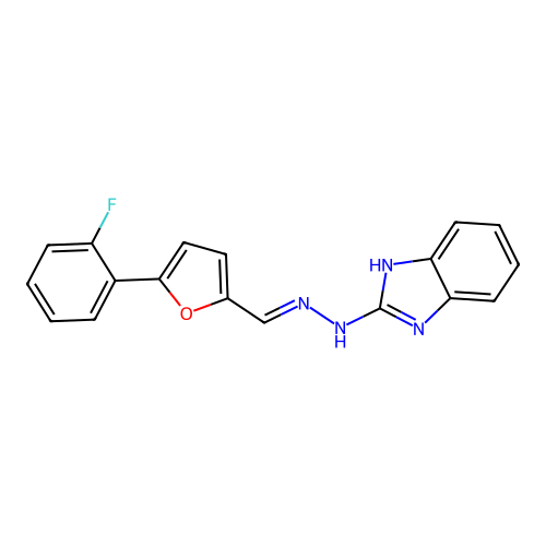 (E)-2-(2-((5-(2-fluorophenyl)furan-2-yl)methylene)hydrazinyl)-1H-benzo[d]imidazole structure