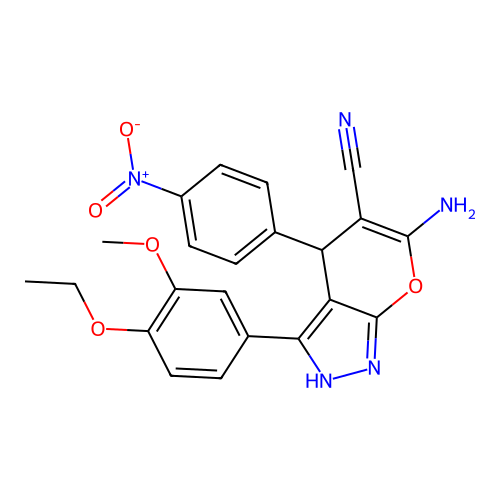 6-amino-3-(4-ethoxy-3-methoxyphenyl)-4-(4-nitrophenyl)-2,4-dihydropyrano[2,3-c]pyrazole-5-carbonitrile structure