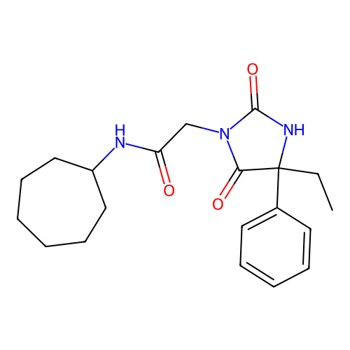 N-cycloheptyl-2-(4-ethyl-2,5-dioxo-4-phenylimidazolidin-1-yl)acetamide structure