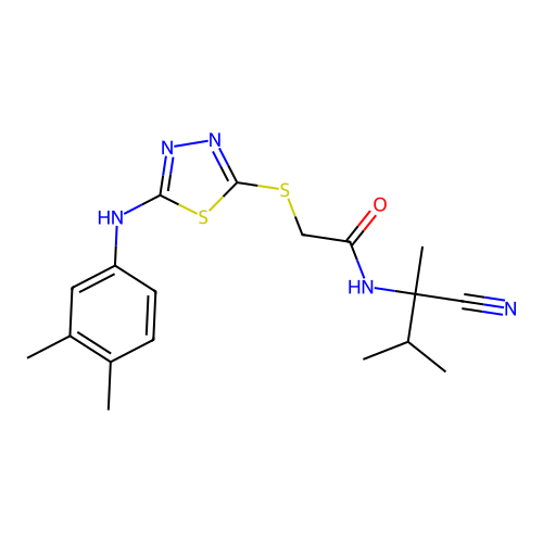 N-(2-cyano-3-methylbutan-2-yl)-2-[[5-(3,4-dimethylanilino)-1,3,4-thiadiazol-2-yl]sulfanyl]acetamide structure