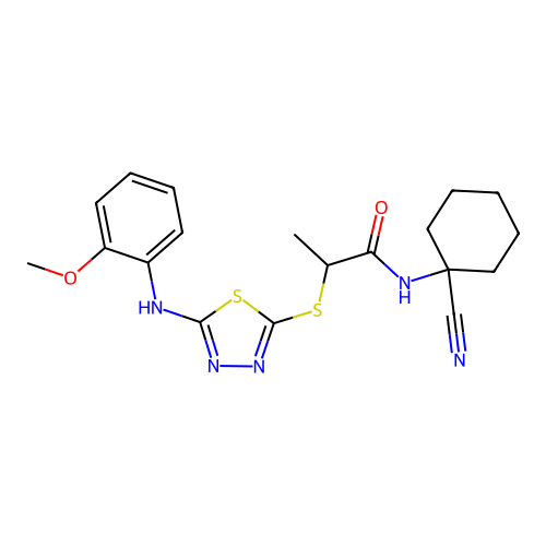 N-(1-cyanocyclohexyl)-2-[[5-(2-methoxyanilino)-1,3,4-thiadiazol-2-yl]sulfanyl]propanamide structure