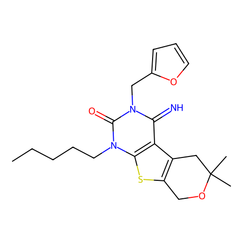 3-(furan-2-ylmethyl)-4-imino-6,6-dimethyl-1-pentyl-1,3,4,5,6,8-hexahydro-2H-pyrano[4',3':4,5]thieno[2,3-d]pyrimidin-2-one structure