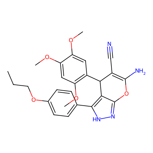6-amino-3-(4-propoxyphenyl)-4-(2,4,5-trimethoxyphenyl)-2,4-dihydropyrano[2,3-c]pyrazole-5-carbonitrile structure