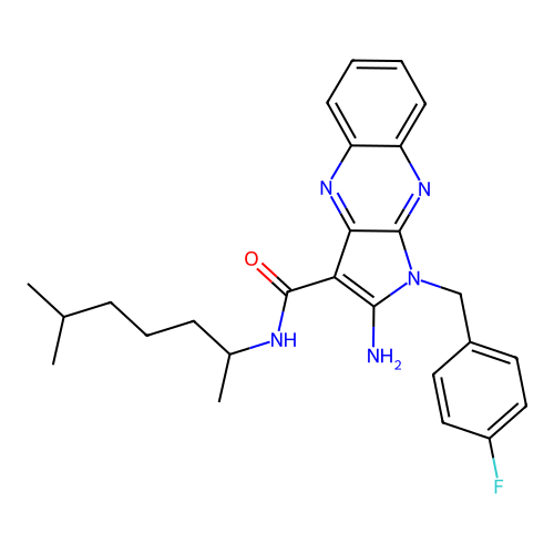 2-amino-1-(4-fluorobenzyl)-N-(6-methylheptan-2-yl)-1H-pyrrolo[2,3-b]quinoxaline-3-carboxamide structure