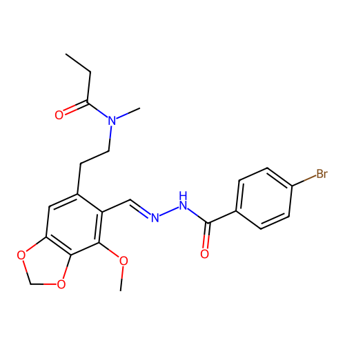 (E)-N-(2-(6-((2-(4-bromobenzoyl)hydrazono)methyl)-7-methoxybenzo[d][1,3]dioxol-5-yl)ethyl)-N-methylpropionamide structure