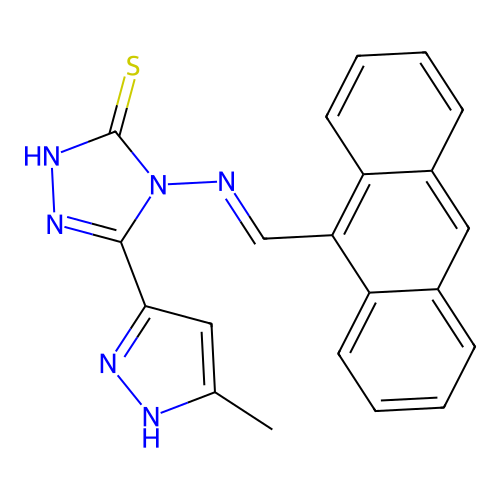 4-((1E)-2-(9-anthryl)-1-azavinyl)-5-(3-methylpyrazol-5-yl)-1,2,4-triazole-3-th iol structure