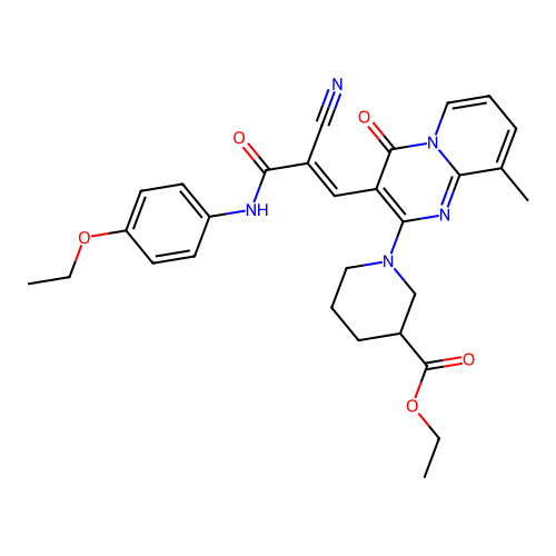 (E)-ethyl 1-(3-(2-cyano-3-((4-ethoxyphenyl)amino)-3-oxoprop-1-en-1-yl)-9-methyl-4-oxo-4H-pyrido[1,2-a]pyrimidin-2-yl)piperidine-3-carboxylate structure
