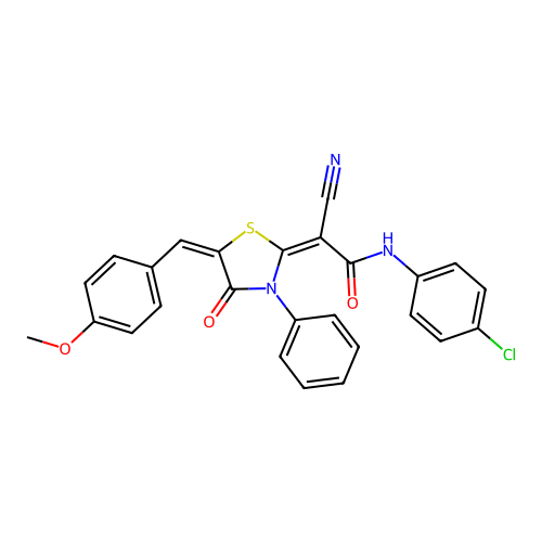 (2E)-N-(4-chlorophenyl)-2-cyano-2-[(5E)-5-(4-methoxybenzylidene)-4-oxo-3-phenyl-1,3-thiazolidin-2-ylidene]ethanamide structure