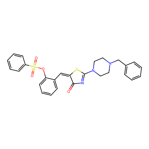 5-[[2-(benzenesulfonyloxy)phenyl]methylidene]-2-(4-benzylpiperazin-1-yl)-1,3-thiazol-4-one structure