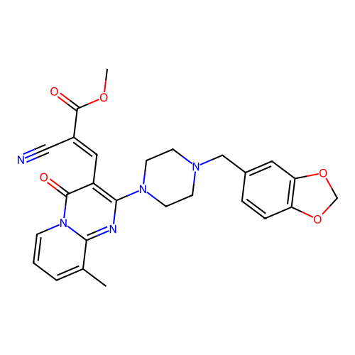 (E)-3-[2-(4-Benzo[1,3]dioxol-5-ylmethyl-piperazin-1-yl)-9-methyl-4-oxo-4H-pyrido[1,2-a]pyrimidin-3-yl]-2 -cyano-acrylic acid methyl ester structure