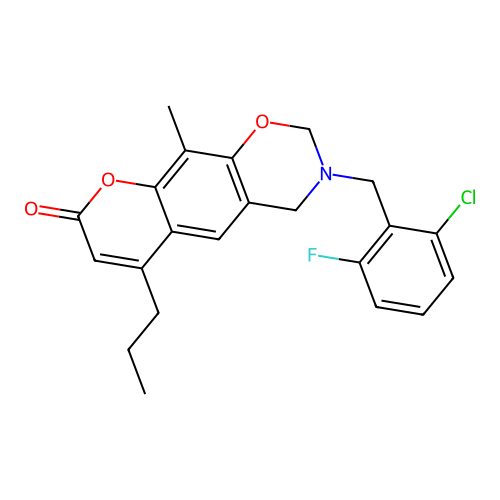 3-(2-chloro-6-fluorobenzyl)-10-methyl-6-propyl-3,4-dihydro-2H,8H-chromeno[6,7-e][1,3]oxazin-8-one structure