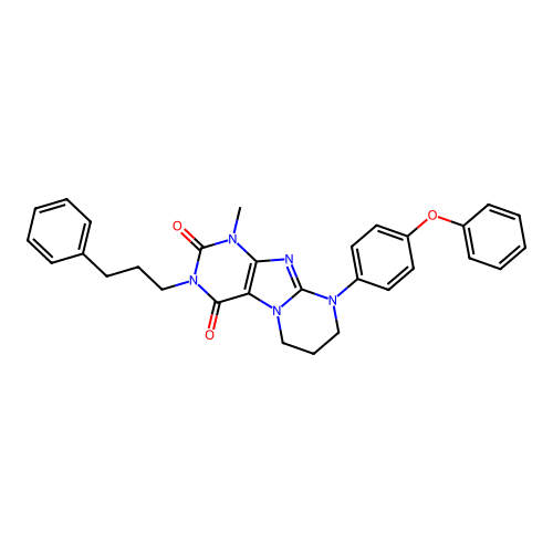 1-methyl-9-(4-phenoxyphenyl)-3-(3-phenylpropyl)-6,7,8,9-tetrahydropyrimido[2,1-f]purine-2,4(1H,3H)-dione structure