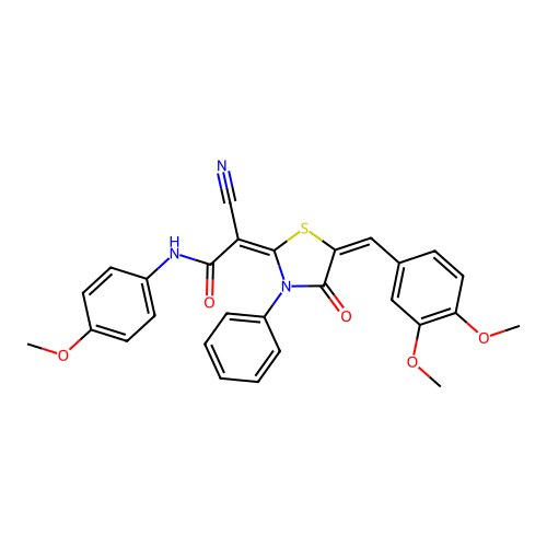 (2E)-2-cyano-2-[(5E)-5-(3,4-dimethoxybenzylidene)-4-oxo-3-phenyl-1,3-thiazolidin-2-ylidene]-N-(4-methoxyphenyl)ethanamide structure