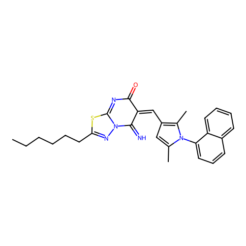 (6E)-6-[(2,5-dimethyl-1-naphthalen-1-ylpyrrol-3-yl)methylidene]-2-hexyl-5-imino-[1,3,4]thiadiazolo[3,2-a]pyrimidin-7-one structure