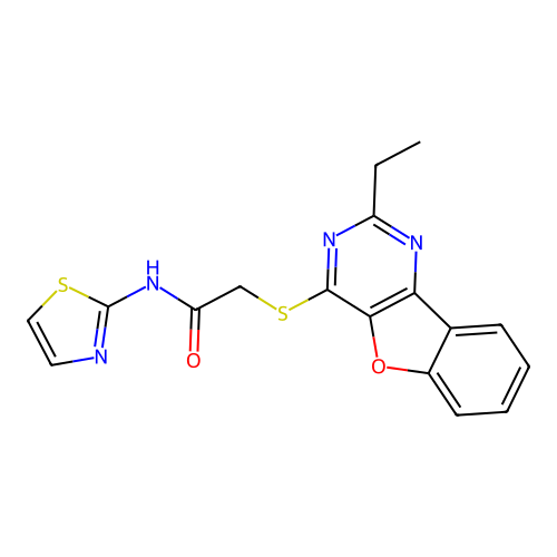 2-((2-ethylbenzofuro[3,2-d]pyrimidin-4-yl)thio)-N-(thiazol-2-yl)acetamide structure