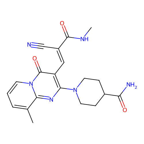 (E)-1-(3-(2-cyano-3-(methylamino)-3-oxoprop-1-en-1-yl)-9-methyl-4-oxo-4H-pyrido[1,2-a]pyrimidin-2-yl)piperidine-4-carboxamide structure