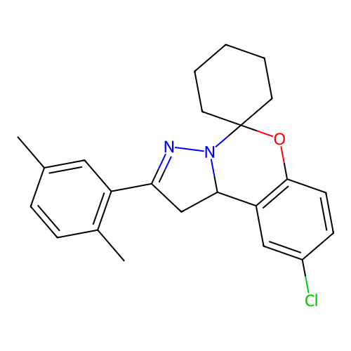 9-(2,5-dimethylphenyl)-2-chlorospiro[10aH-benzo[e]2-pyrazolino[1,5-c]1,3-oxazi ne-6,1'-cyclohexane] structure