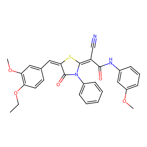 (2E)-2-cyano-2-[(5E)-5-(4-ethoxy-3-methoxybenzylidene)-4-oxo-3-phenyl-1,3-thiazolidin-2-ylidene]-N-(3-methoxyphenyl)ethanamide structure