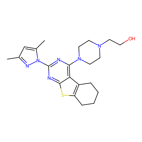 2-(4-(2-(3,5-dimethyl-1H-pyrazol-1-yl)-5,6,7,8-tetrahydrobenzo[4,5]thieno[2,3-d]pyrimidin-4-yl)piperazin-1-yl)ethanol structure