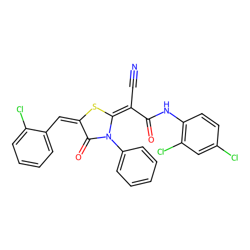 (E)-2-((E)-5-(2-chlorobenzylidene)-4-oxo-3-phenylthiazolidin-2-ylidene)-2-cyano-N-(2,4-dichlorophenyl)acetamide structure