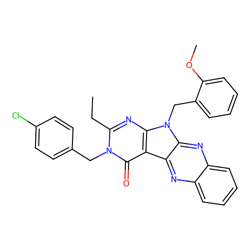 3-(4-chlorobenzyl)-2-ethyl-11-(2-methoxybenzyl)-3,11-dihydro-4H-pyrimido[5',4':4,5]pyrrolo[2,3-b]quinoxalin-4-one structure