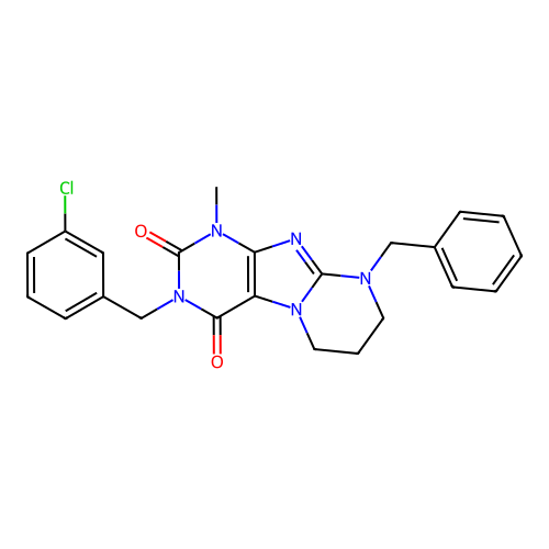 9-benzyl-3-(3-chlorobenzyl)-1-methyl-6,7,8,9-tetrahydropyrimido[2,1-f]purine-2,4(1H,3H)-dione structure