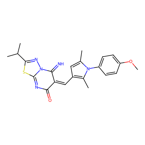 (E)-5-imino-2-isopropyl-6-((1-(4-methoxyphenyl)-2,5-dimethyl-1H-pyrrol-3-yl)methylene)-5H-[1,3,4]thiadiazolo[3,2-a]pyrimidin-7(6H)-one structure