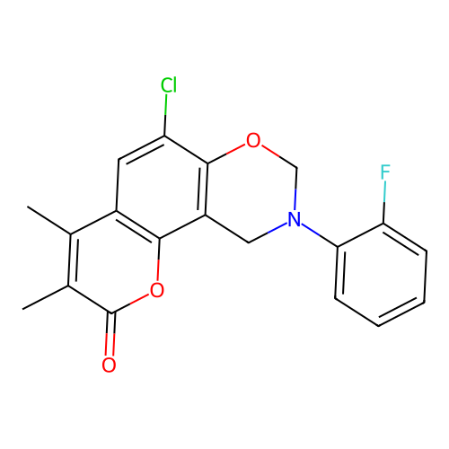 6-chloro-9-(2-fluorophenyl)-3,4-dimethyl-8,10-dihydropyrano[2,3-f][1,3]benzoxazin-2-one structure