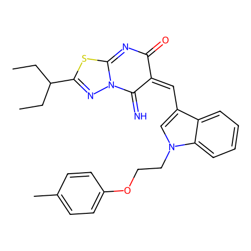 (E)-5-imino-2-(pentan-3-yl)-6-((1-(2-(p-tolyloxy)ethyl)-1H-indol-3-yl)methylene)-5H-[1,3,4]thiadiazolo[3,2-a]pyrimidin-7(6H)-one structure