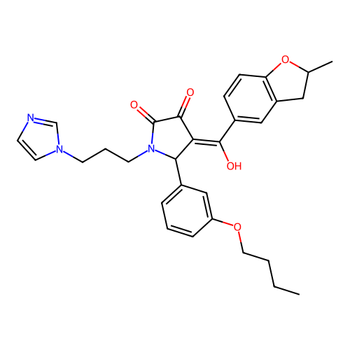 (4E)-5-(3-butoxyphenyl)-4-[hydroxy-(2-methyl-2,3-dihydro-1-benzofuran-5-yl)methylidene]-1-(3-imidazol-1-ylpropyl)pyrrolidine-2,3-dione structure