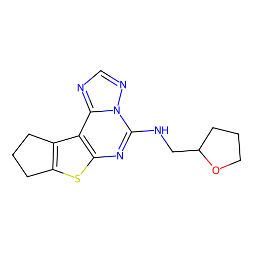 N-((tetrahydrofuran-2-yl)methyl)-9,10-dihydro-8H-cyclopenta[4,5]thieno[3,2-e][1,2,4]triazolo[1,5-c]pyrimidin-5-amine structure