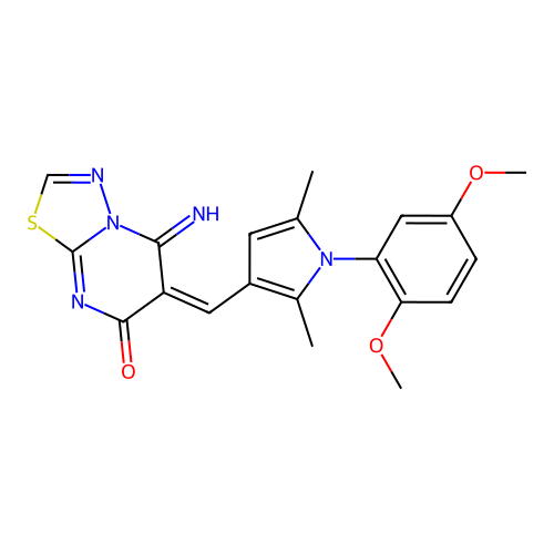 (E)-6-((1-(2,5-dimethoxyphenyl)-2,5-dimethyl-1H-pyrrol-3-yl)methylene)-5-imino-5H-[1,3,4]thiadiazolo[3,2-a]pyrimidin-7(6H)-one structure