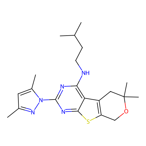 [2-(3,5-Dimethyl-pyrazol-1-yl)-6,6-dimethyl-5,8-dihydro-6H-pyrano[4',3':4,5]thieno[2,3-d]pyrimidin-4-yl]-( 3-methyl-butyl)-amine structure