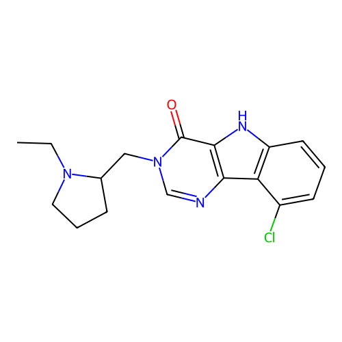 9-chloro-3-[(1-ethyl-2-pyrrolidinyl)methyl]-5H-pyrimido[5,4-b]indol-4-one structure