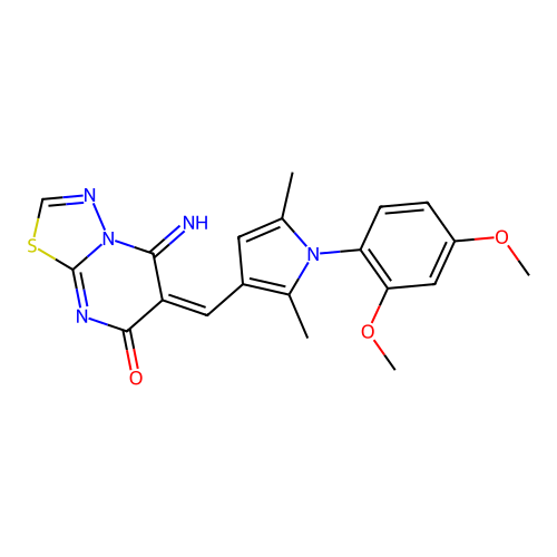 (E)-6-((1-(2,4-dimethoxyphenyl)-2,5-dimethyl-1H-pyrrol-3-yl)methylene)-5-imino-5H-[1,3,4]thiadiazolo[3,2-a]pyrimidin-7(6H)-one structure