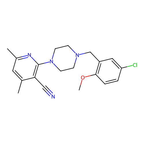 2-[4-(5-chloro-2-methoxybenzyl)piperazin-1-yl]-4,6-dimethylpyridine-3-carbonitrile structure