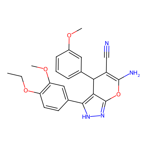 6-amino-3-(4-ethoxy-3-methoxyphenyl)-4-(3-methoxyphenyl)-2,4-dihydropyrano[2,3-c]pyrazole-5-carbonitrile structure