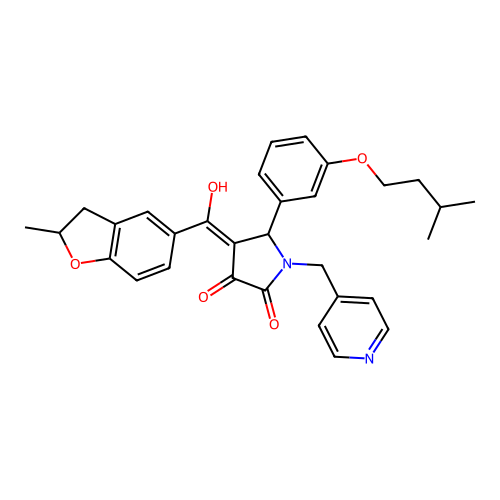 (4E)-4-[hydroxy-(2-methyl-2,3-dihydro-1-benzofuran-5-yl)methylidene]-5-[3-(3-methylbutoxy)phenyl]-1-(pyridin-4-ylmethyl)pyrrolidine-2,3-dione structure