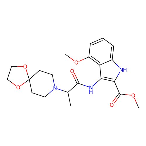 Methyl 3-[2-(1,4-dioxa-8-azaspiro[4.5]decan-8-yl)propanoylamino]-4-methoxy-1H-indole-2-carboxylate structure