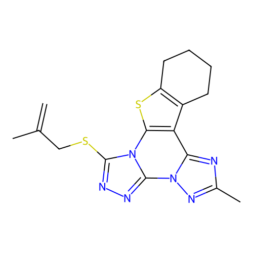 2-methyl-7-((2-methylallyl)thio)-10,11,12,13-tetrahydrobenzo[4,5]thieno[3,2-e]bis([1,2,4]triazolo)[4,3-a:1',5'-c]pyrimidine structure