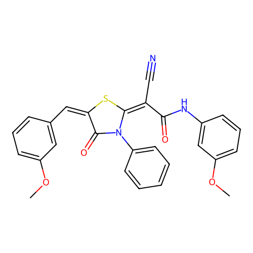 (2E)-2-cyano-N-(3-methoxyphenyl)-2-[(5E)-5-[(3-methoxyphenyl)methylidene]-4-oxo-3-phenyl-1,3-thiazolidin-2-ylidene]acetamide structure